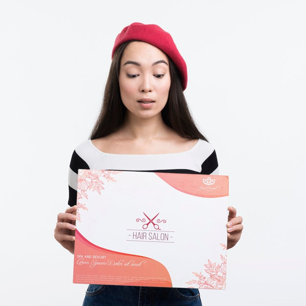 Hair Salon Mock-Up Ad And Girl With French Beret Psd