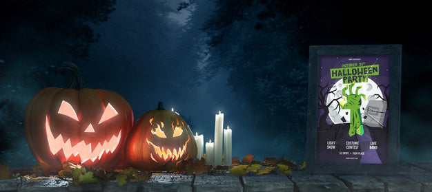 Halloween Arrangement With Pumpkins And Frame Mock-Up Psd