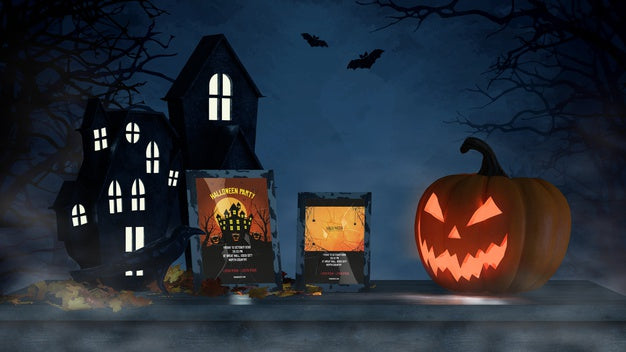 Halloween Arrangement With Scary Pumpkin And Frame Mock-Up Psd