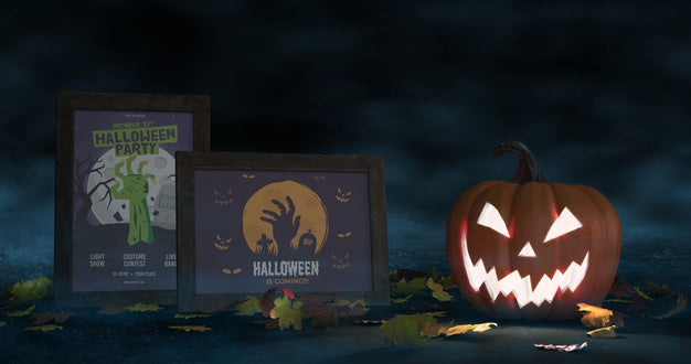 Halloween Arrangement With Scary Pumpkin And Movie Posters Mock-Up Psd