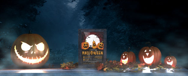 Halloween Arrangement With Scary Pumpkins And Frame Mock-Up Psd