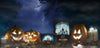 Halloween Arrangement With Scary Pumpkins And Framed Horror Posters Psd