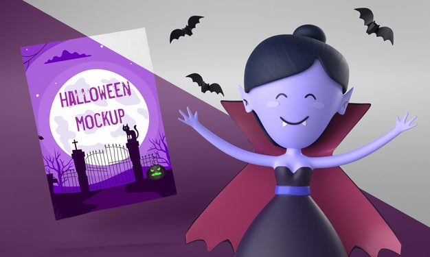 Halloween Card Mock-Up With Smiley Woman Vampire Psd