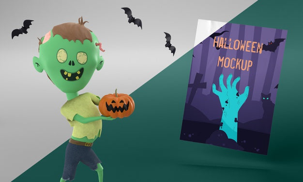 Halloween Card Mock-Up With Zombie Holding A Pumpkin Psd