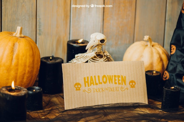 Halloween Mockup With Bird Skeleton And Card Psd