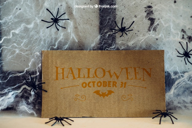 Halloween Mockup With Cardboard And Cobweb Psd