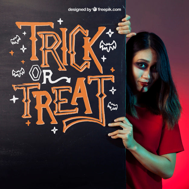 Halloween Mockup With Girl Behind Black Wall Psd