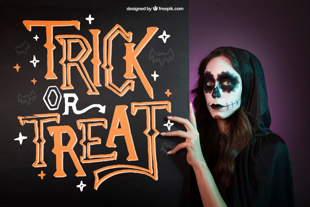 Halloween Mockup With Girl Behind Blackboard Psd