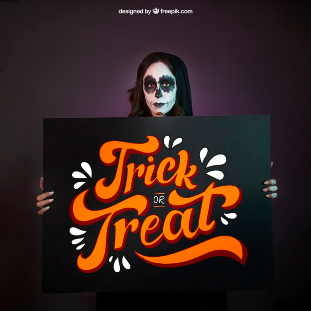 Halloween Mockup With Girl Holding Big Board Psd