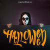 Halloween Mockup With Girl Looking Above Board Psd