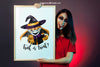 Halloween Mockup With Girl Showing Whiteboard Psd