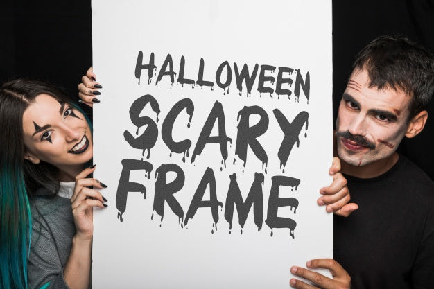 Halloween Mockup With Lettering On Big Board And Couple Psd