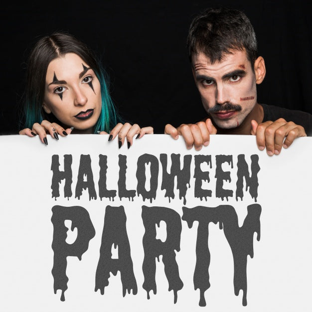 Halloween Mockup With Lettering On Big Board And Couple Psd