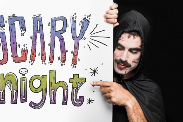 Halloween Mockup With Lettering On Big Board And Man Psd