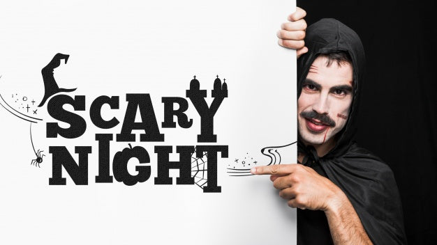 Halloween Mockup With Lettering On Big Board And Man Psd