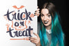 Halloween Mockup With Lettering On Big Board And Woman Psd
