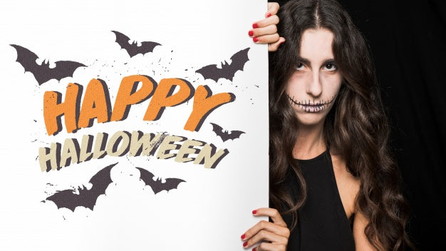 Halloween Mockup With Lettering On Big Board And Woman Psd