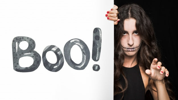 Halloween Mockup With Lettering On Big Board And Woman Psd