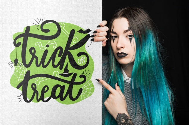 Halloween Mockup With Lettering On Big Board And Woman Psd