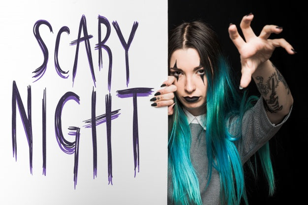 Halloween Mockup With Lettering On Big Board And Woman Psd