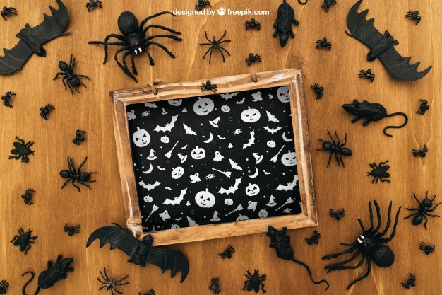 Halloween Mockup With Slate And Bats Psd