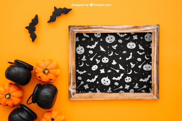 Halloween Mockup With Slate And Pumpkins Psd