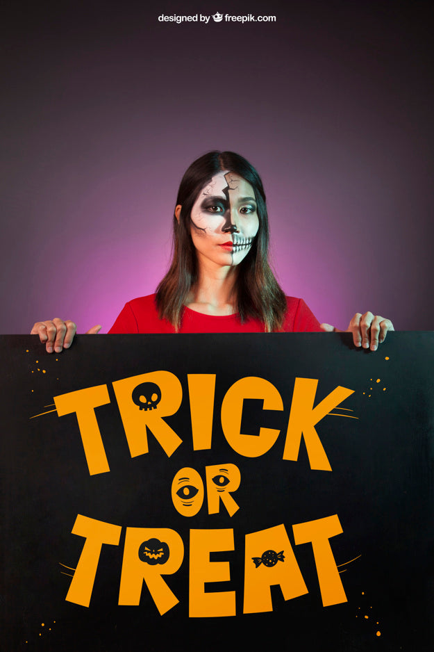 Halloween Mockup With Woman Behind Big Board Psd