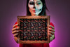 Halloween Mockup With Woman Holding Slate In Hands Psd