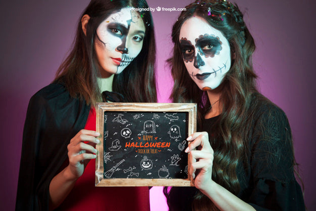 Halloween Mockup With Women Holding Slate Psd