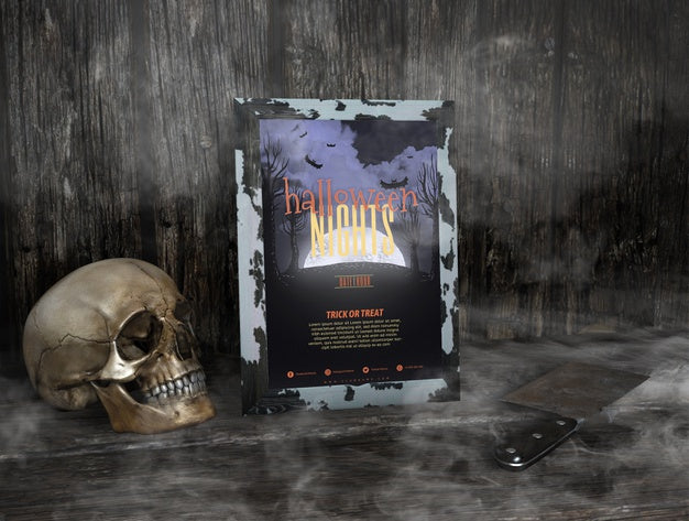 Halloween Nights Frame Mock-Up In The Mist And Skull Psd