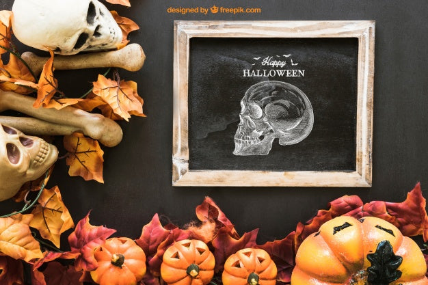 Halloween Slate Mockup With Autumn Leaves And Skull Psd