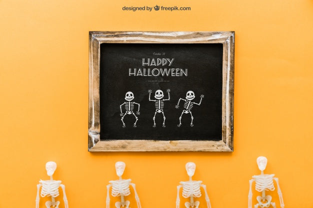 Halloween Slate Mockup With Four Skeletons Psd