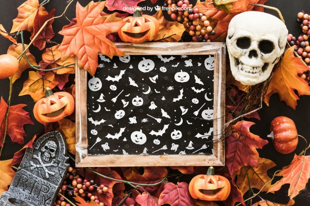 Halloween Slate Mockup With Skull And Tombstone On Leaves Psd
