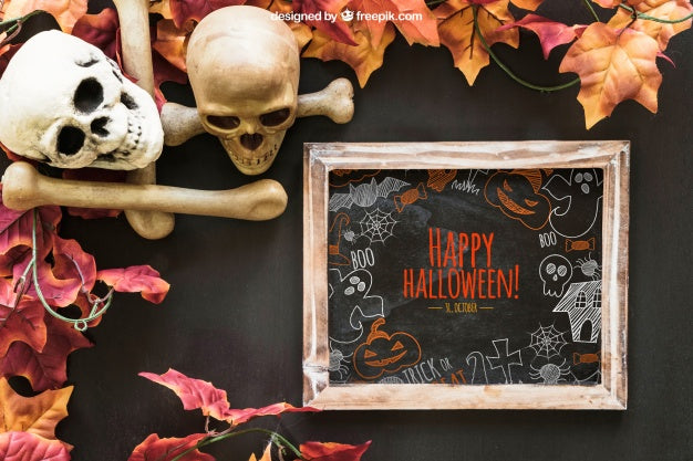Halloween Slate Mockup With Skulls And Bones Psd