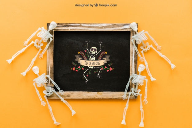 Halloween Slate Mockup With Small Skeletons Psd