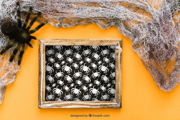 Halloween Slate Mockup With Spider And Web Psd