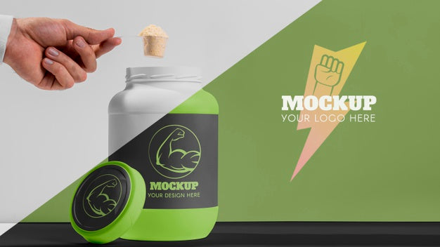 Hand Holding Fitness Spoon Filled With Protein Above Bottle Psd