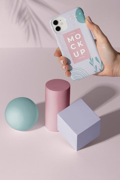 Hand Holding Smartphone With Mock-Up Phone Case And Geometric Shapes Psd