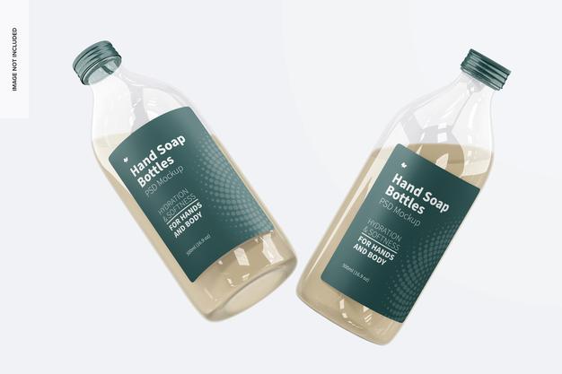 Hand Soap Clear Bottles Mockup, Floating Psd