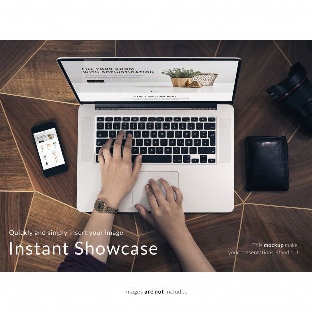 Hands Working On Laptop On Wooden Table Mock Up Psd