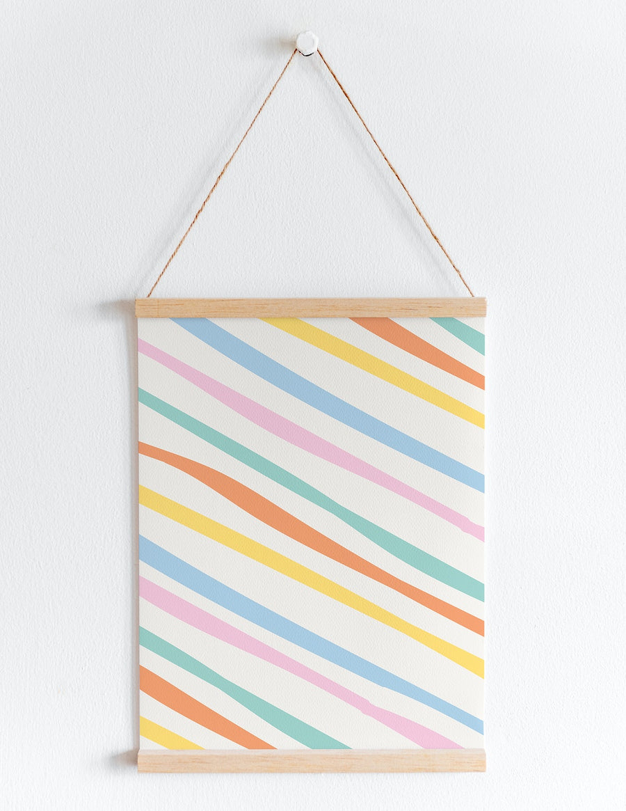 Hanging Poster Mockup Psd On White Wall With Pastel Stripes Pattern