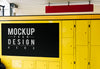Hanging Red Sign Mockup Above Yellow Luggage Locker Psd