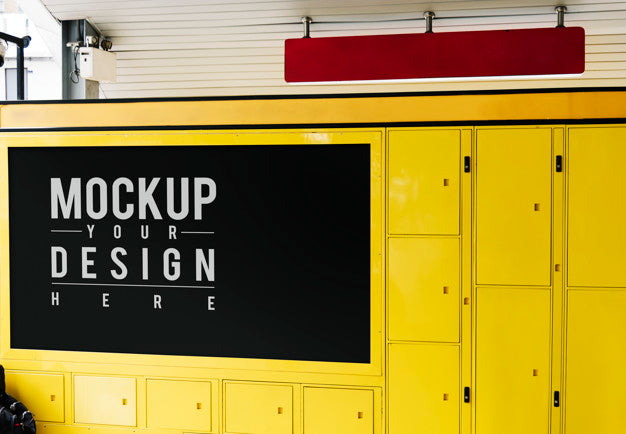 Hanging Red Sign Mockup Above Yellow Luggage Locker Psd