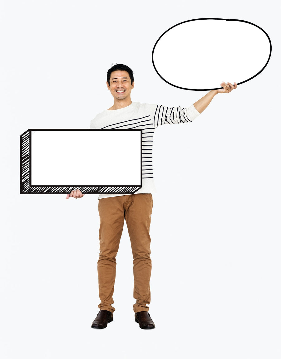 Happy Asian Man Holding Blank Banners