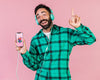 Happy Bearded Man With Headphones And Cell Phone Mock Up Psd