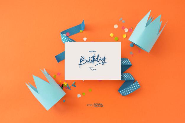 Happy Birthday Greeting Card Mockup With Lettering And Decoration, Top View Psd