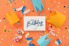 Happy Birthday Greeting Card Mockup With Lettering And Decoration, Top View Psd
