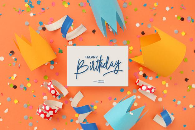 Happy Birthday Greeting Card Mockup With Lettering And Decoration, Top View Psd