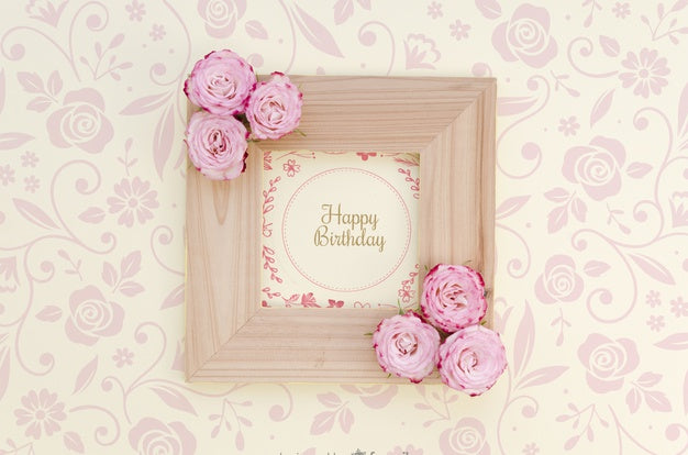 Happy Birthday Mock-Up Frame With Flowers Psd