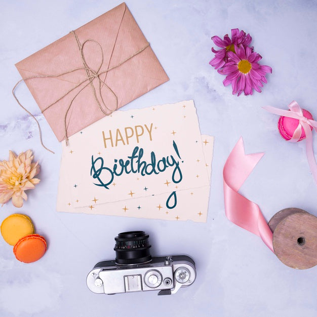 Happy Birthday Mock-Up With Envelope And Retro Camera Psd